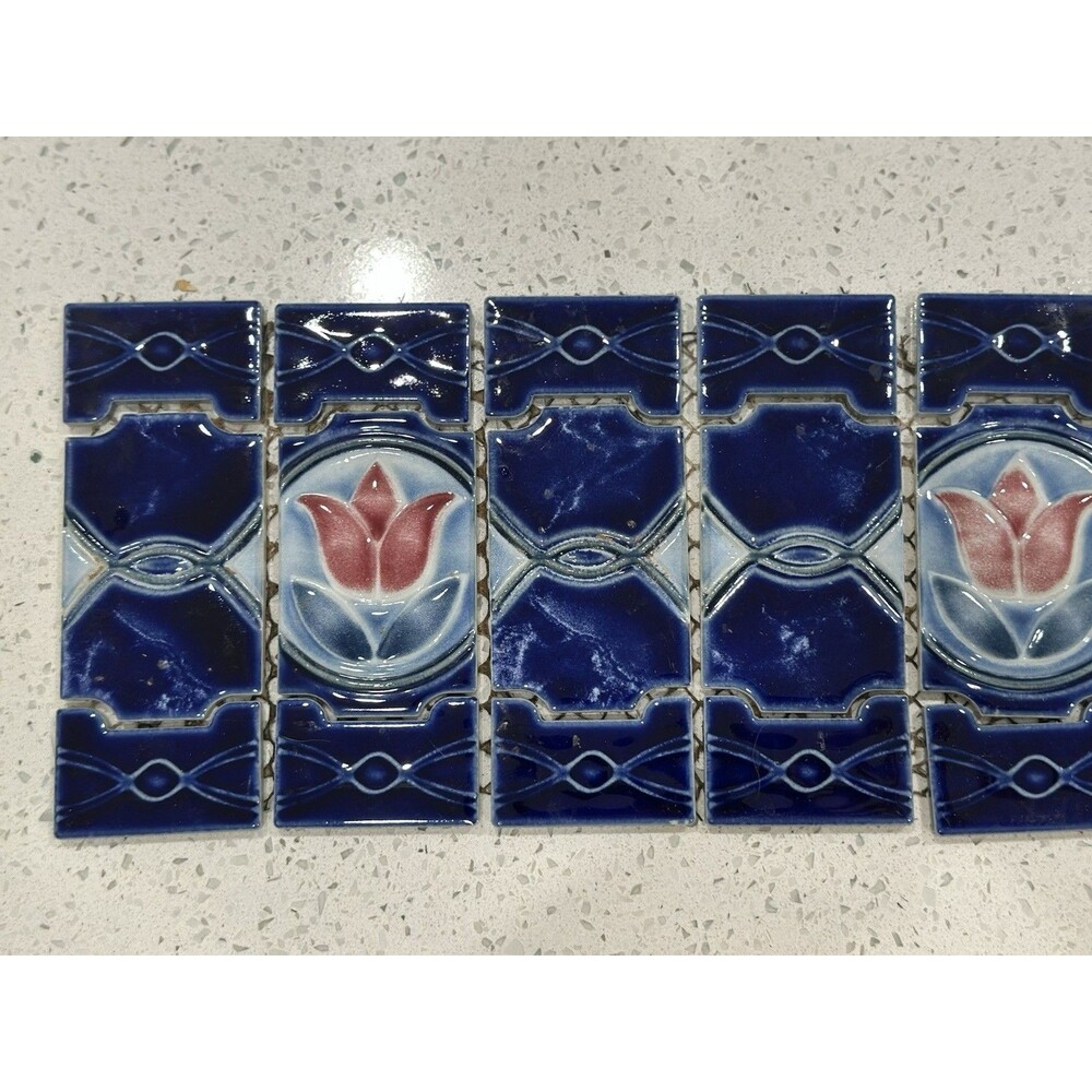 Retro Tulips Japan Cobalt Blue Splash / MAJOLICA Kitchen Bathroom Pool Tiles - Picture 5 of 9